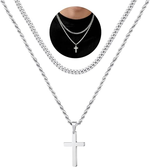 Cross Necklace for Men - Fathers Day Gift, Gold Black Silver Mens Cross Necklaces Stainless Steel Cross Pendant Necklace Simple Jewelry Gifts Cross Chain Necklaces for Men